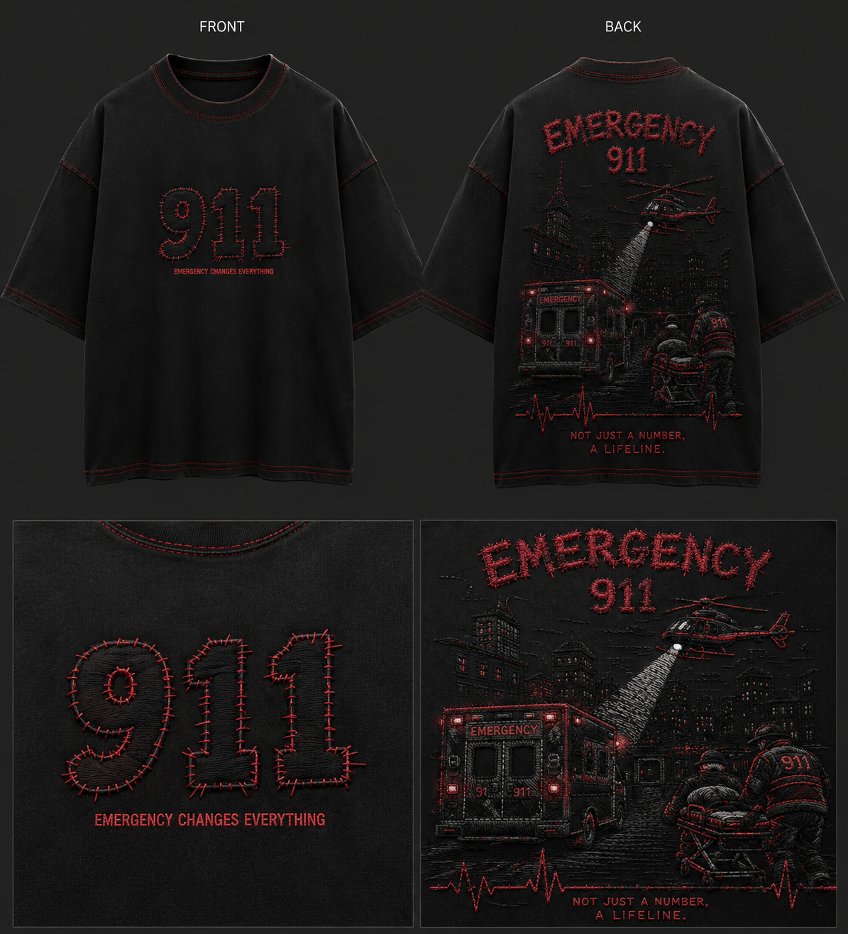 911 Emergency Stitch Oversized Drop Shoulder T-Shirt – Black Edition