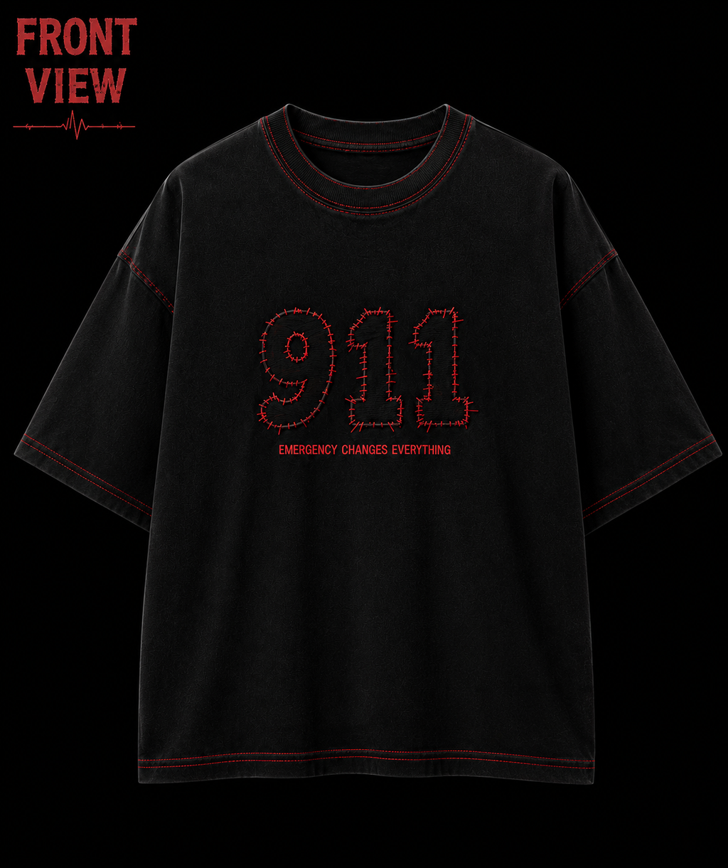911 Emergency Stitch Oversized Drop Shoulder T-Shirt – Black Edition