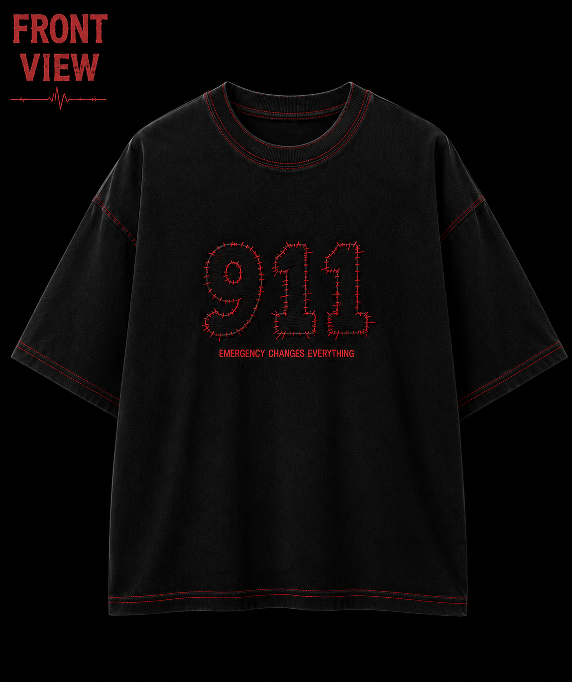 911 Emergency Stitch Oversized Drop Shoulder T-Shirt – Black Edition