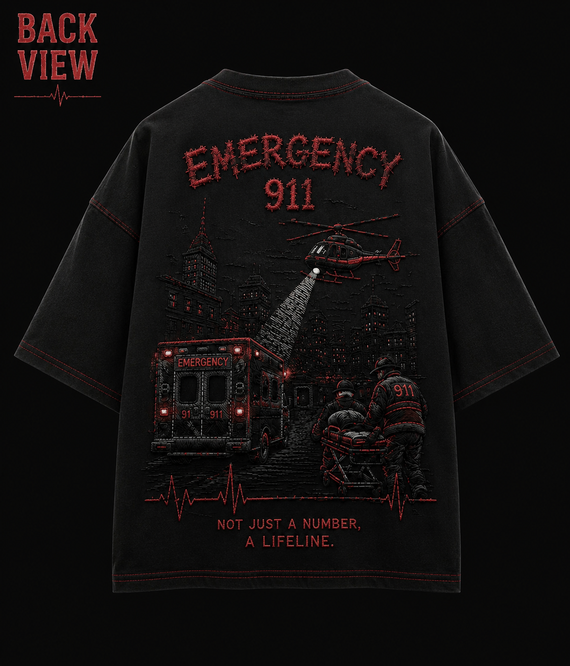 911 Emergency Stitch Oversized Drop Shoulder T-Shirt – Black Edition